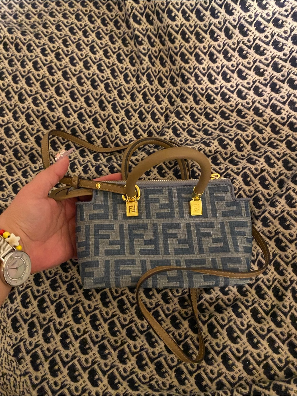 Fendi Blue FF Canvas Mini Bag with Tan Leather Handles - Picture 4 of 8